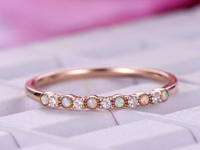 Opal & Diamond Wedding Band Anniversary Ring 14K Rose Gold - Lord of Gem Rings