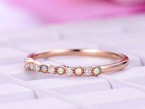 Opal & Diamond Wedding Band Anniversary Ring 14K Rose Gold - Lord of Gem Rings