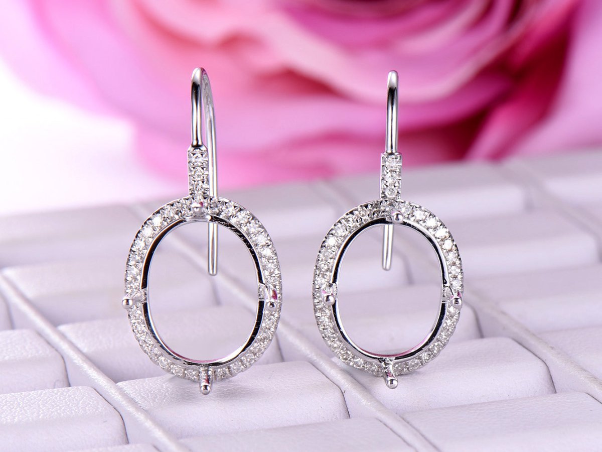 Oval 10x12mm Diamond Semi Mount Earrings 14K White Gold - Lord of Gem Rings