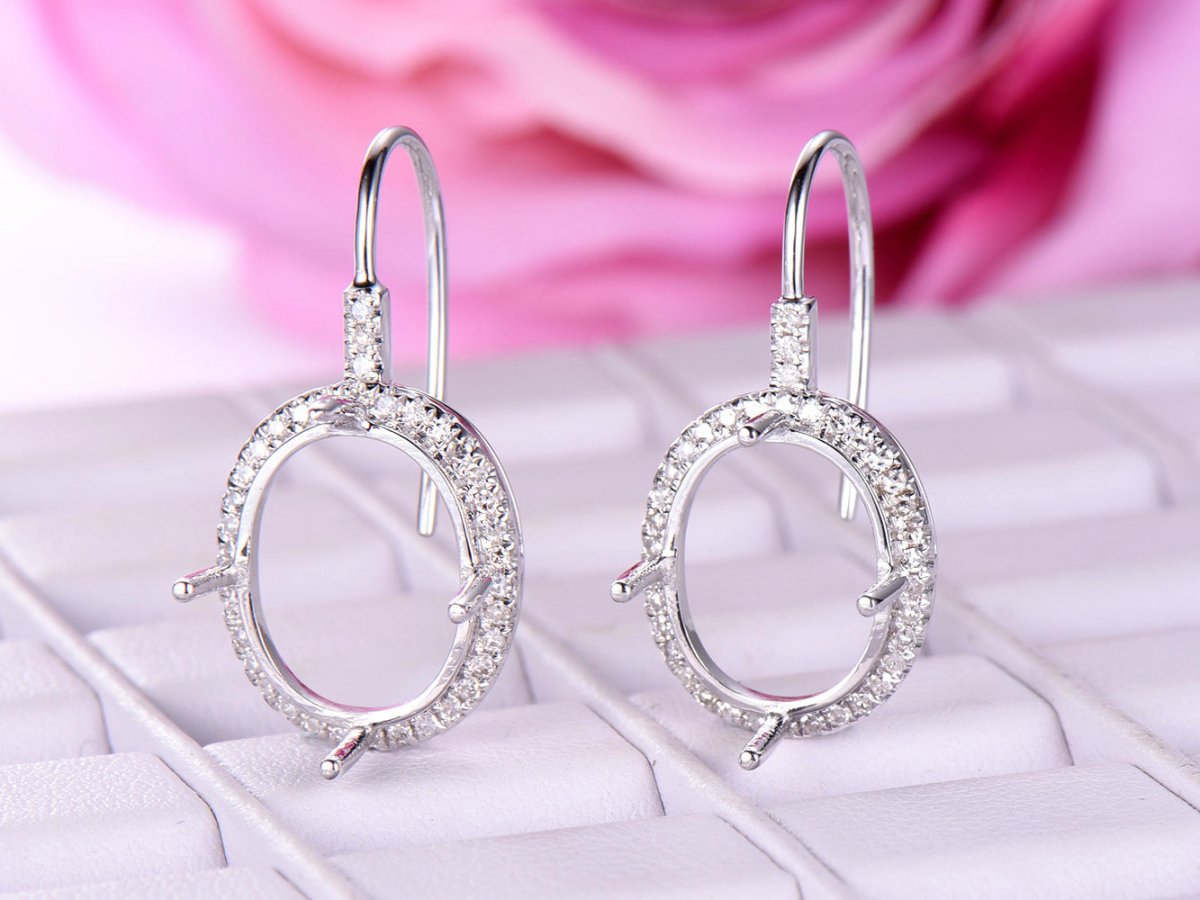 Oval 10x12mm Diamond Semi Mount Earrings 14K White Gold - Lord of Gem Rings