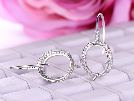 Oval 10x12mm Diamond Semi Mount Earrings 14K White Gold