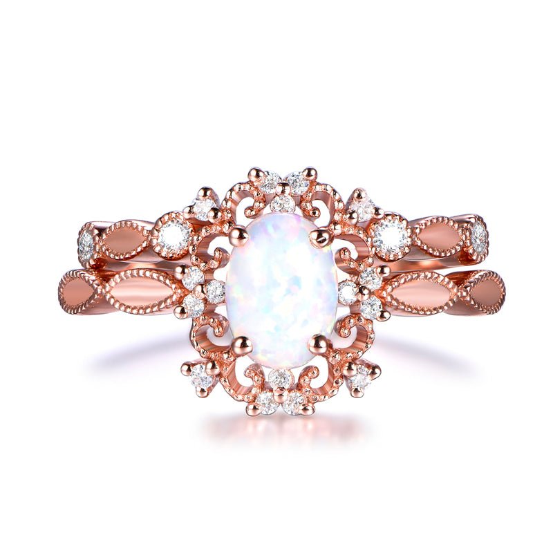 Oval Africa Opal Ring with Diamond Tiara Band Bridal Set 14k Rose Gold - Lord of Gem Rings
