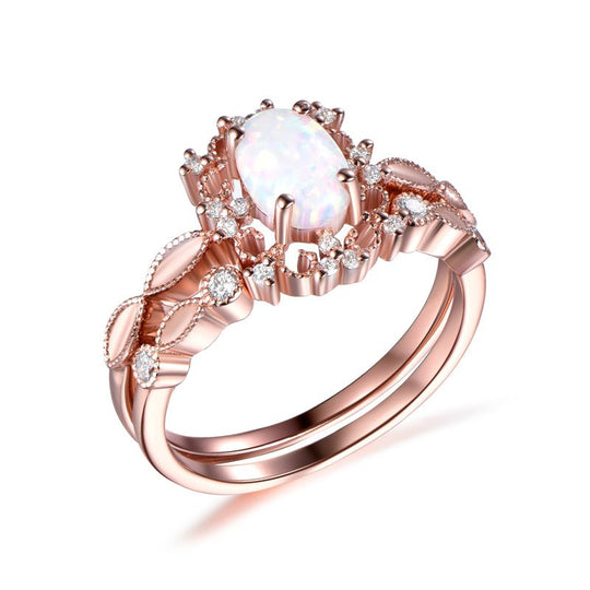 Oval Africa Opal Ring with Diamond Tiara Band Bridal Set 14k Rose Gold