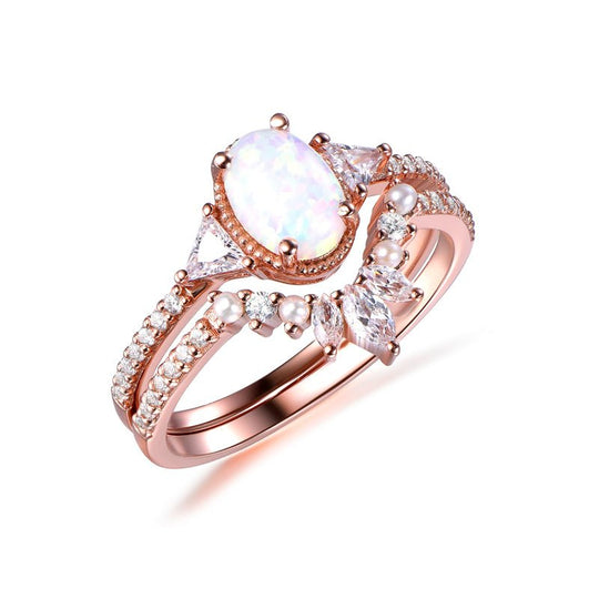 Oval Africa Opal Trillion Moissanite Pearl Diamond Tiara Band Bridal Set