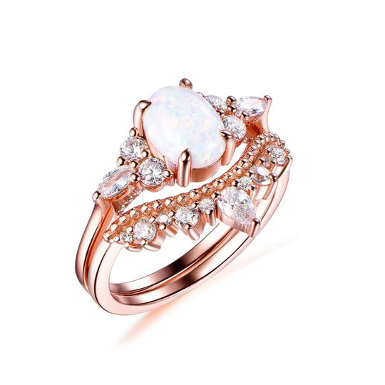 Oval Africa Opal Triple Accents Diamond Tiara Band Bridal Set