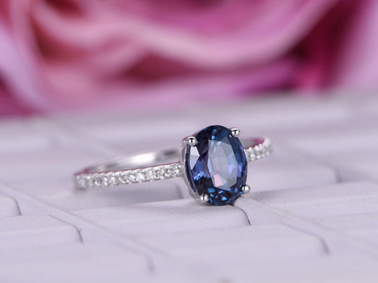 Oval Alexandrite Diamond Accents Engagement Ring 14K White Gold