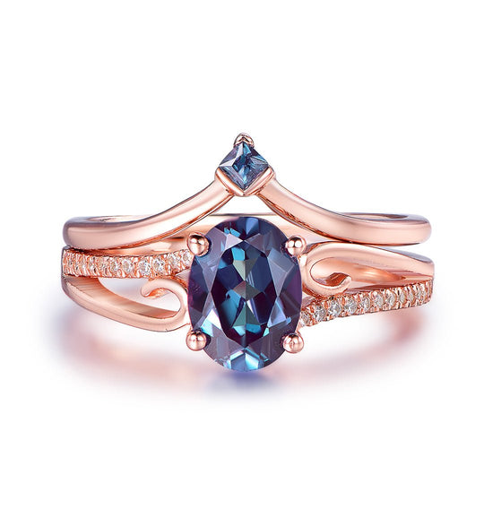 Oval Alexandrite Diamond Bridal Set 14K Rose Gold