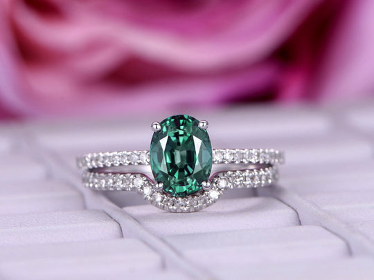 Oval Alexandrite & Diamond Bridal Set 14K White Gold