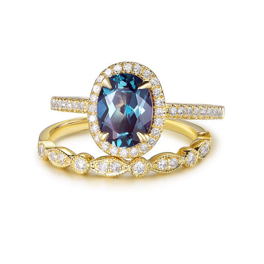 Oval Alexandrite Diamond Bridal Set 14K Yellow Gold