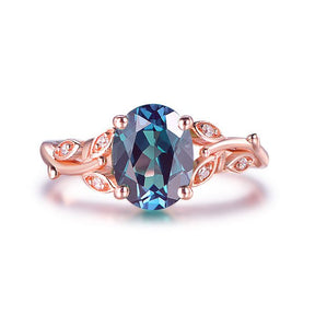 Oval Alexandrite Diamond Leaf Engagement Ring 14K Rose Gold - Lord of Gem Rings