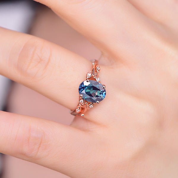 Oval Alexandrite Diamond Leaf Engagement Ring 14K Rose Gold - Lord of Gem Rings