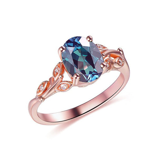 Oval Alexandrite Diamond Leaf Engagement Ring 14K Rose Gold