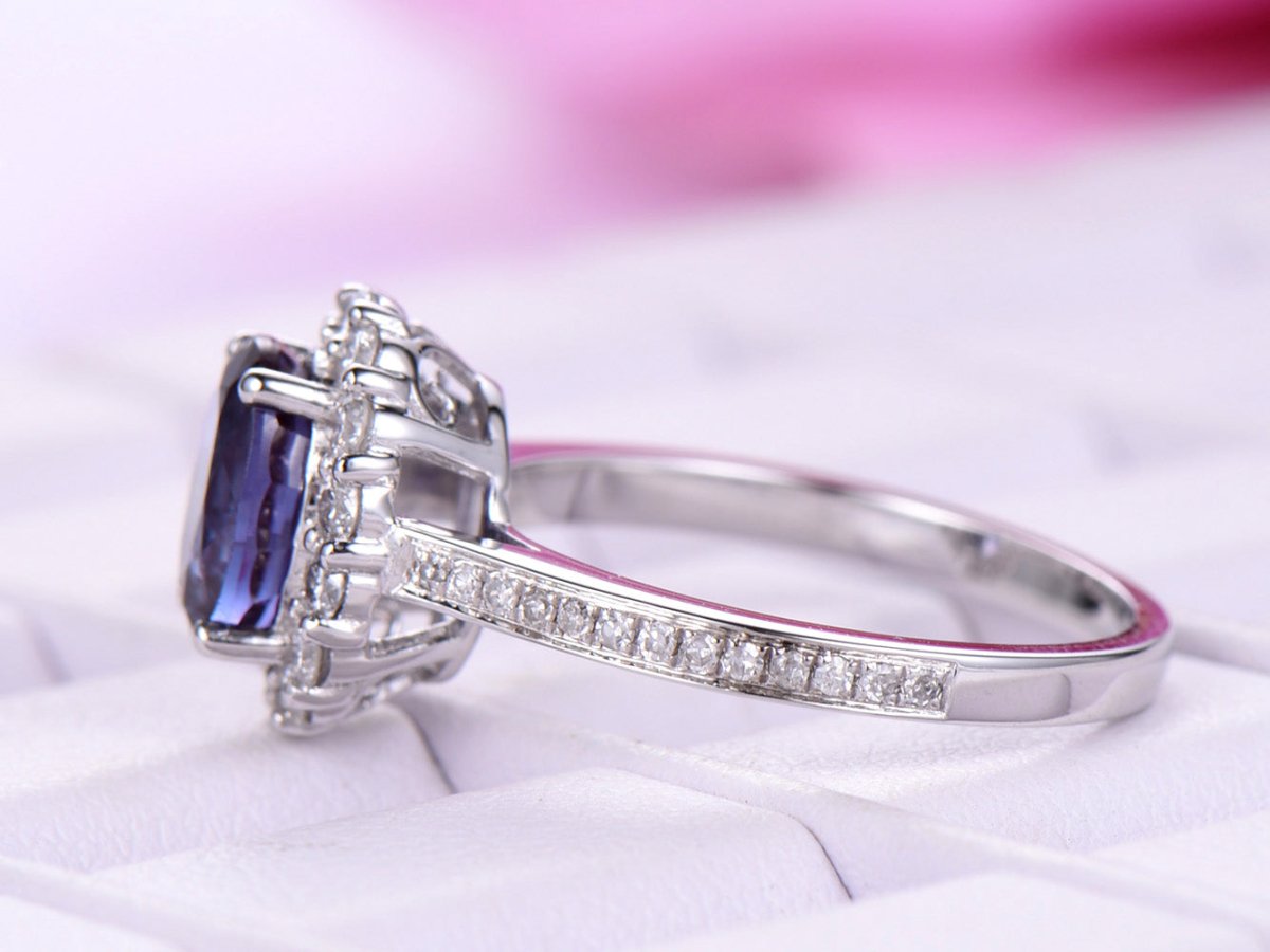 Oval Alexandrite Halo Ring with Diamond Accents 18K White Gold - Lord of Gem Rings