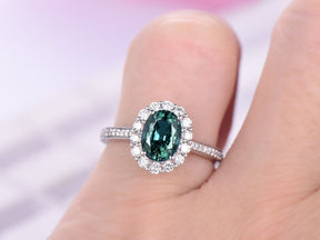 Oval Alexandrite Halo Ring with Diamond Accents 18K White Gold - Lord of Gem Rings