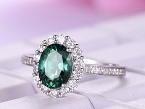 Oval Alexandrite Halo Ring with Diamond Accents 18K White Gold - Lord of Gem Rings