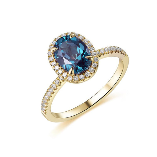 Oval Alexandrite Ring Head Raised Diamond Halo 14K Yellow Gold