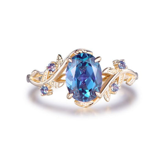 Oval Alexandrite Vine Ring 14K Yellow Gold