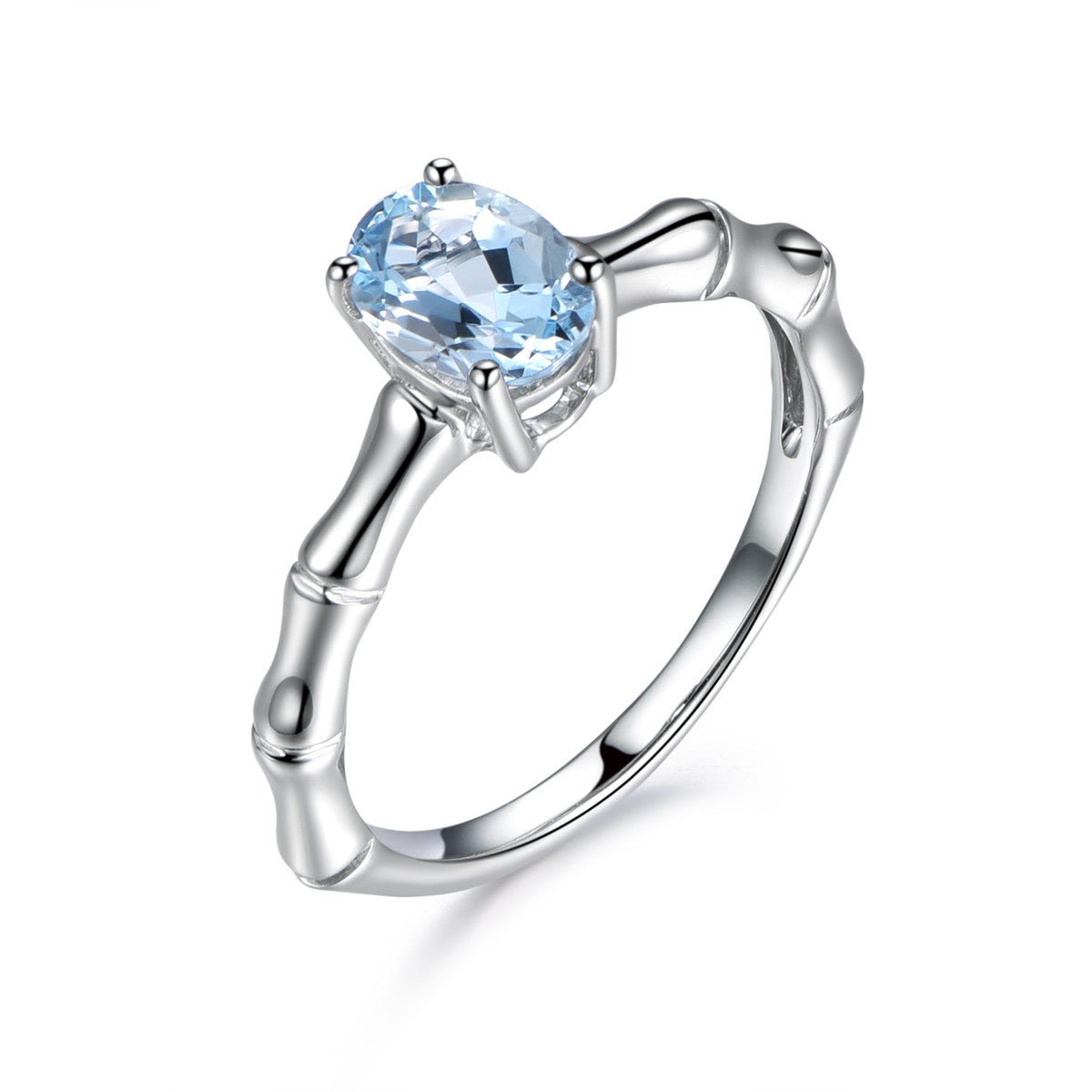 Oval Aquamarine Bamboo Solitaire Ring 14K White Gold - Lord of Gem Rings