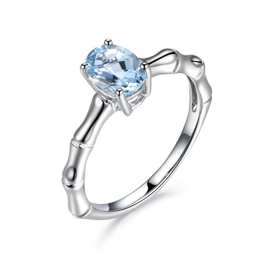 Oval Aquamarine Bamboo Solitaire Ring 14K White Gold