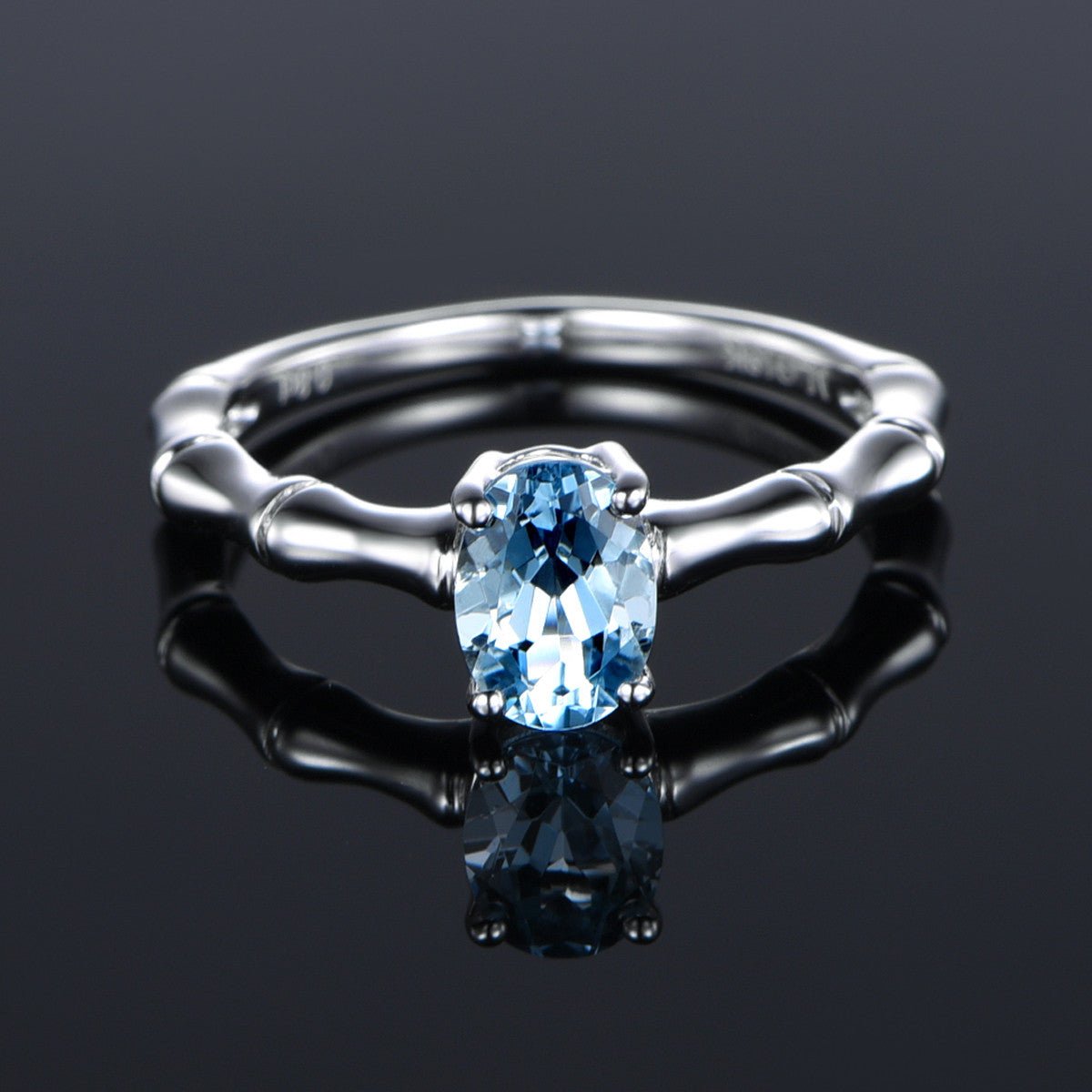 Oval Aquamarine Bamboo Solitaire Ring 14K White Gold - Lord of Gem Rings