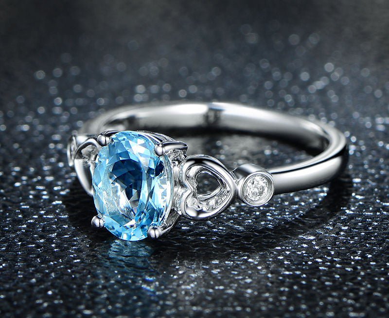 Oval Aquamarine Bezel-Set Diamond Heart Lovely Ring 14K White Gold - Lord of Gem Rings