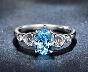 Oval Aquamarine Bezel-Set Diamond Heart Lovely Ring 14K White Gold - Lord of Gem Rings