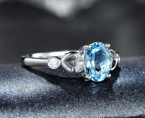 Oval Aquamarine Bezel-Set Diamond Heart Lovely Ring 14K White Gold - Lord of Gem Rings