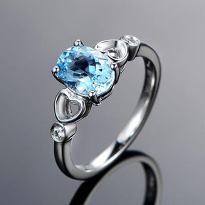 Oval Aquamarine Bezel-Set Diamond Heart Lovely Ring 14K White Gold - Lord of Gem Rings