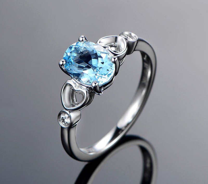 Oval Aquamarine Bezel-Set Diamond Heart Lovely Ring 14K White Gold - Lord of Gem Rings