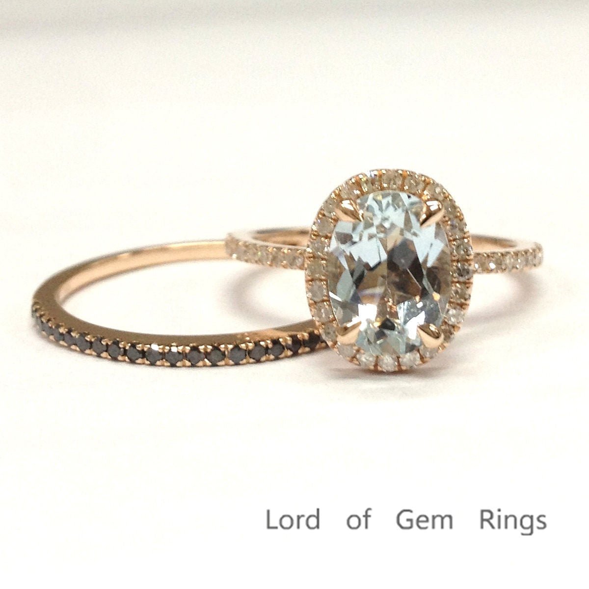 Oval Aquamarine Bridal Set with Black Diamond Wedding Band - Lord of Gem Rings