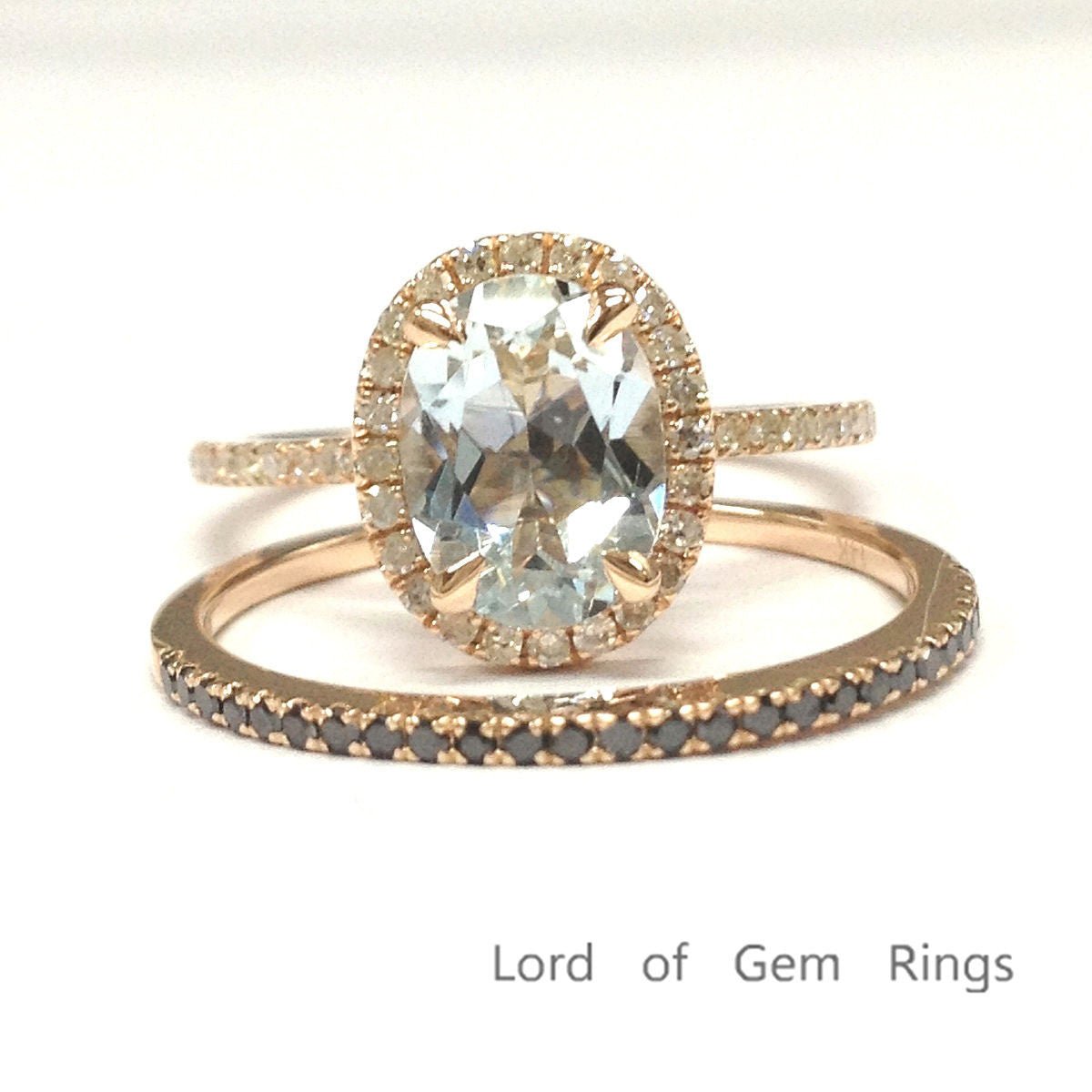 Oval Aquamarine Bridal Set with Black Diamond Wedding Band - Lord of Gem Rings