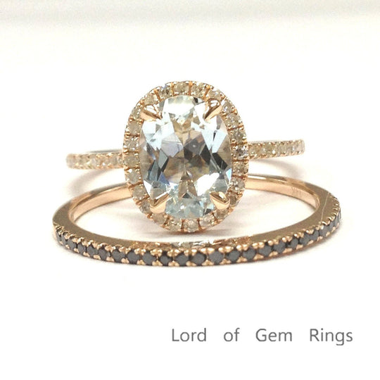 Oval Aquamarine Bridal Set with Black Diamond Wedding Band