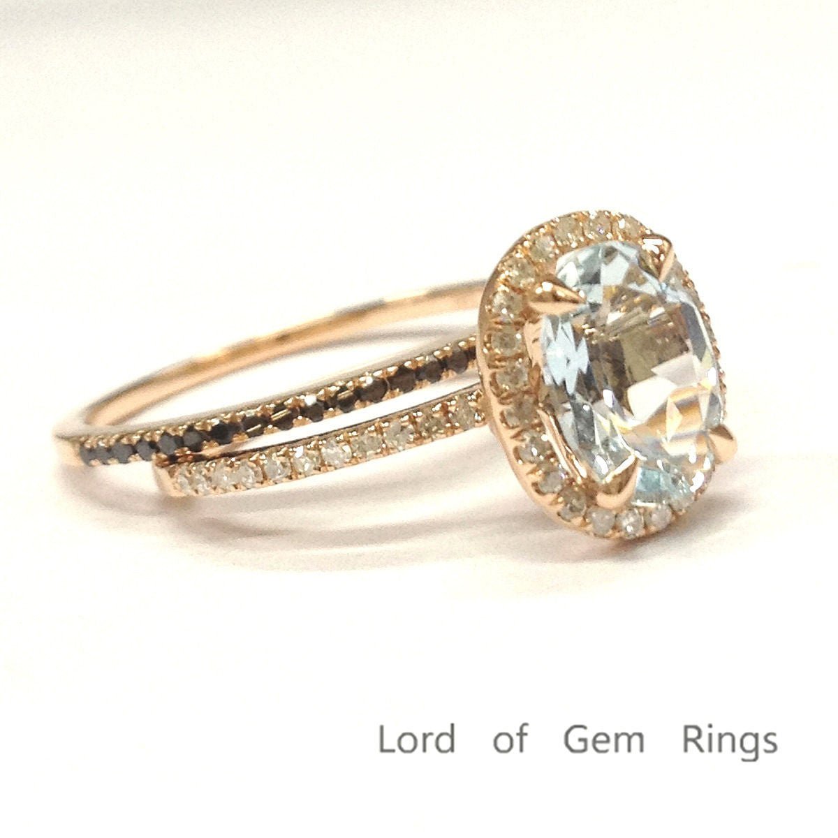 Oval Aquamarine Bridal Set with Black Diamond Wedding Band - Lord of Gem Rings