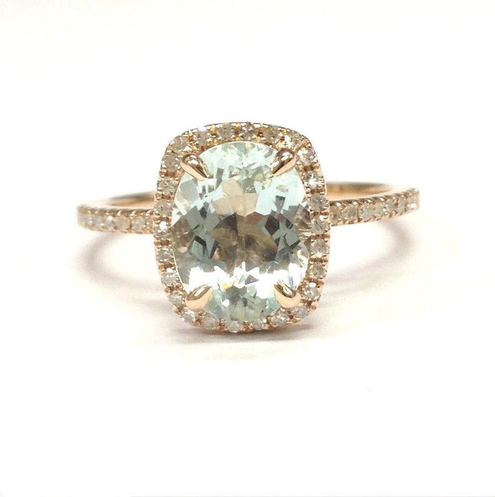 Oval Aquamarine Cushion Halo Diamond Accents Ring - Lord of Gem Rings