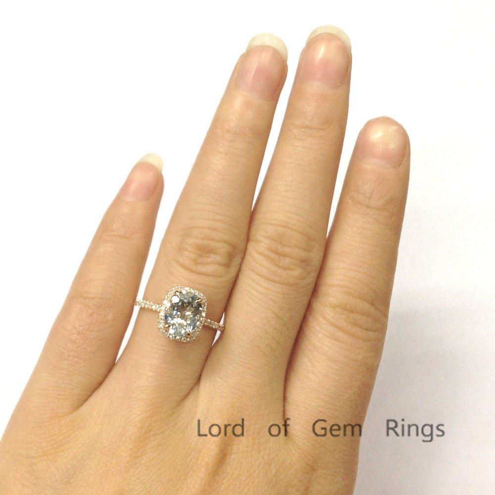 Oval Aquamarine Cushion Halo Diamond Accents Ring - Lord of Gem Rings