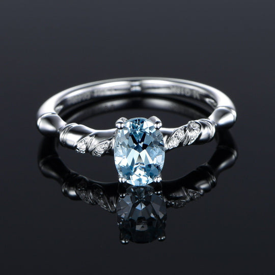 Oval Aquamarine Diamond Bamboo Leaf Ring 14K White Gold