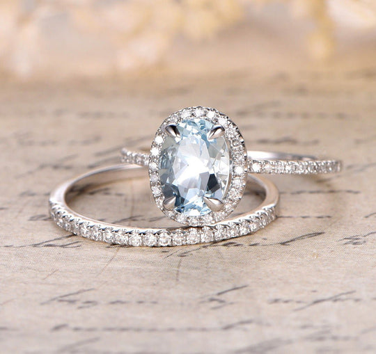 Oval Aquamarine Diamond Bridal Set 14K White Gold