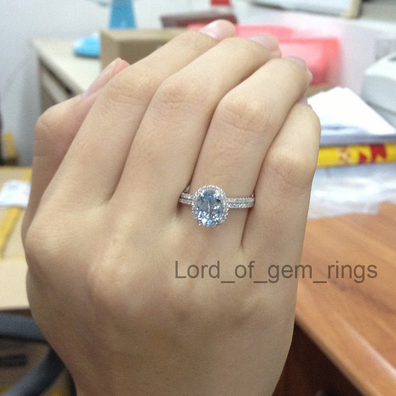 Oval Aquamarine Diamond Bridal Set 14K White Gold - Lord of Gem Rings