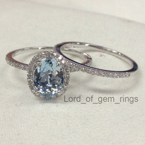 Oval Aquamarine Diamond Bridal Set 14K White Gold - Lord of Gem Rings