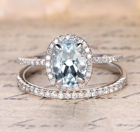 Oval Aquamarine Diamond Bridal Set 14K White Gold - Lord of Gem Rings