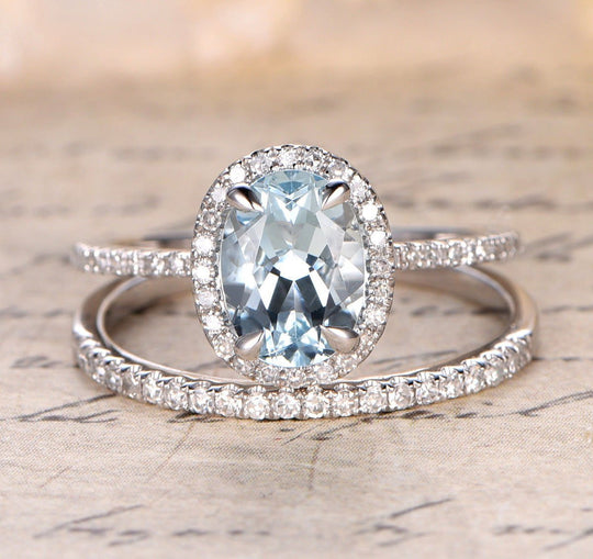 Oval Aquamarine Diamond Bridal Set 14K White Gold