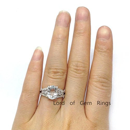 Oval Aquamarine Diamond Cathedral Split Shank Ring 14K White Gold - Lord of Gem Rings