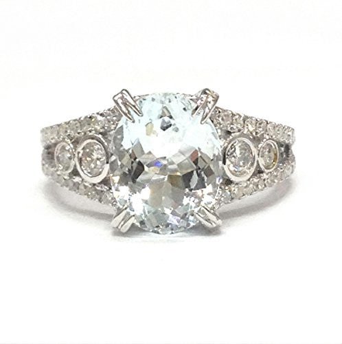 Oval Aquamarine Diamond Cathedral Split Shank Ring 14K White Gold