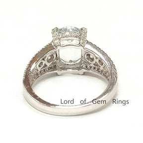 Oval Aquamarine Diamond Cathedral Split Shank Ring 14K White Gold - Lord of Gem Rings