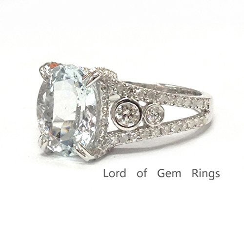 Oval Aquamarine Diamond Cathedral Split Shank Ring 14K White Gold - Lord of Gem Rings
