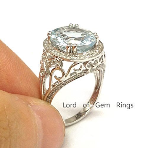 Oval Aquamarine Diamond Filigree Cathedral Engagement Ring - Lord of Gem Rings