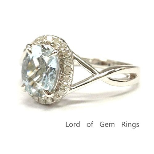 Oval Aquamarine Diamond Halo Crossover Ring 14K White Gold - Lord of Gem Rings