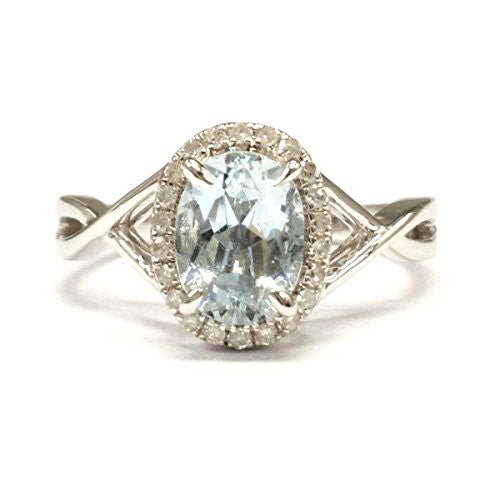 Oval Aquamarine Diamond Halo Crossover Ring 14K White Gold