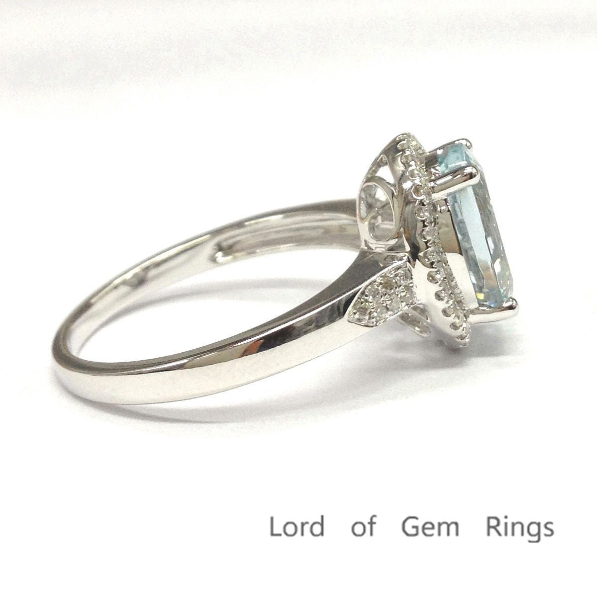 Oval Aquamarine Diamond Halo Engagement Ring 14K White Gold - Lord of Gem Rings