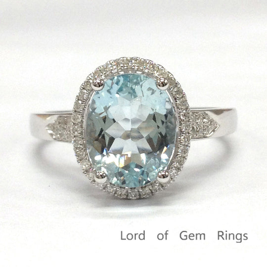 Oval Aquamarine Diamond Halo Engagement Ring 14K White Gold